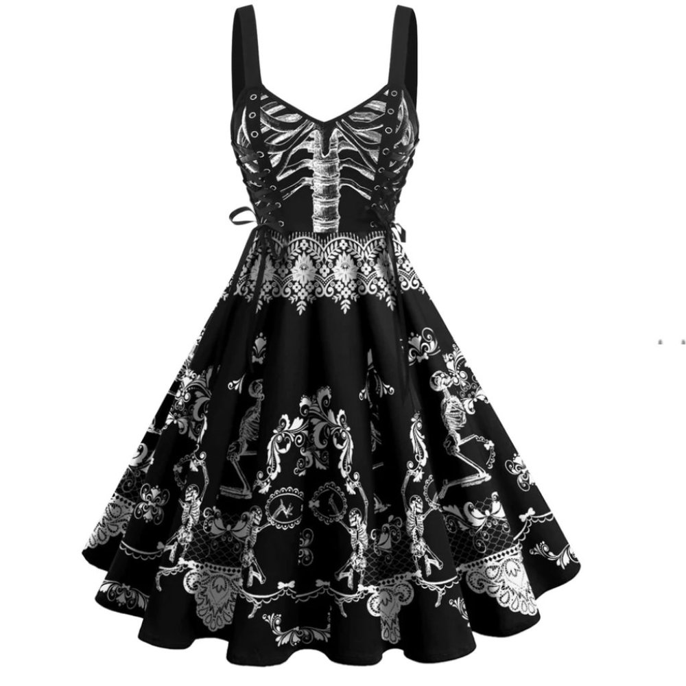 Retro Stage 1950's Lace-up Halloween Skeleton Dress